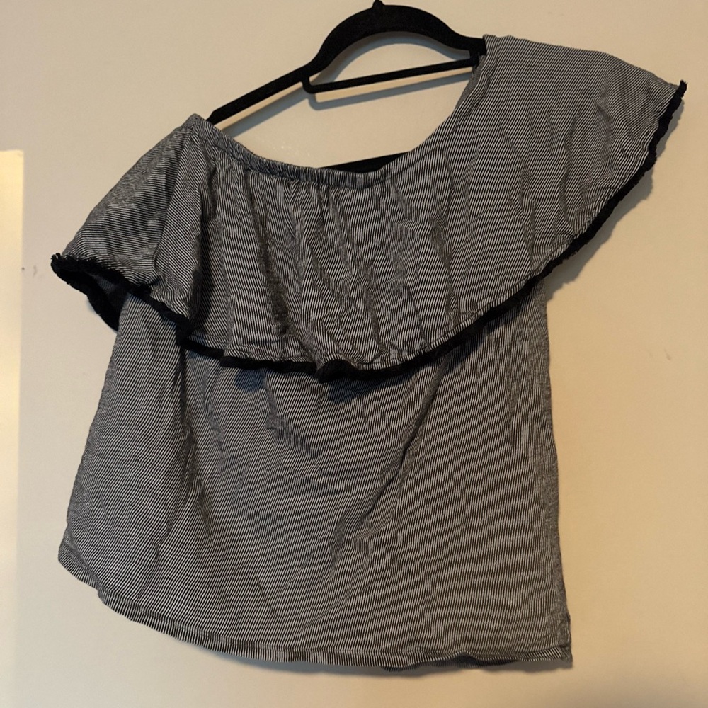 GUC LOFT One Shoulder Striped Ruffle Top with Black Fringe Detail